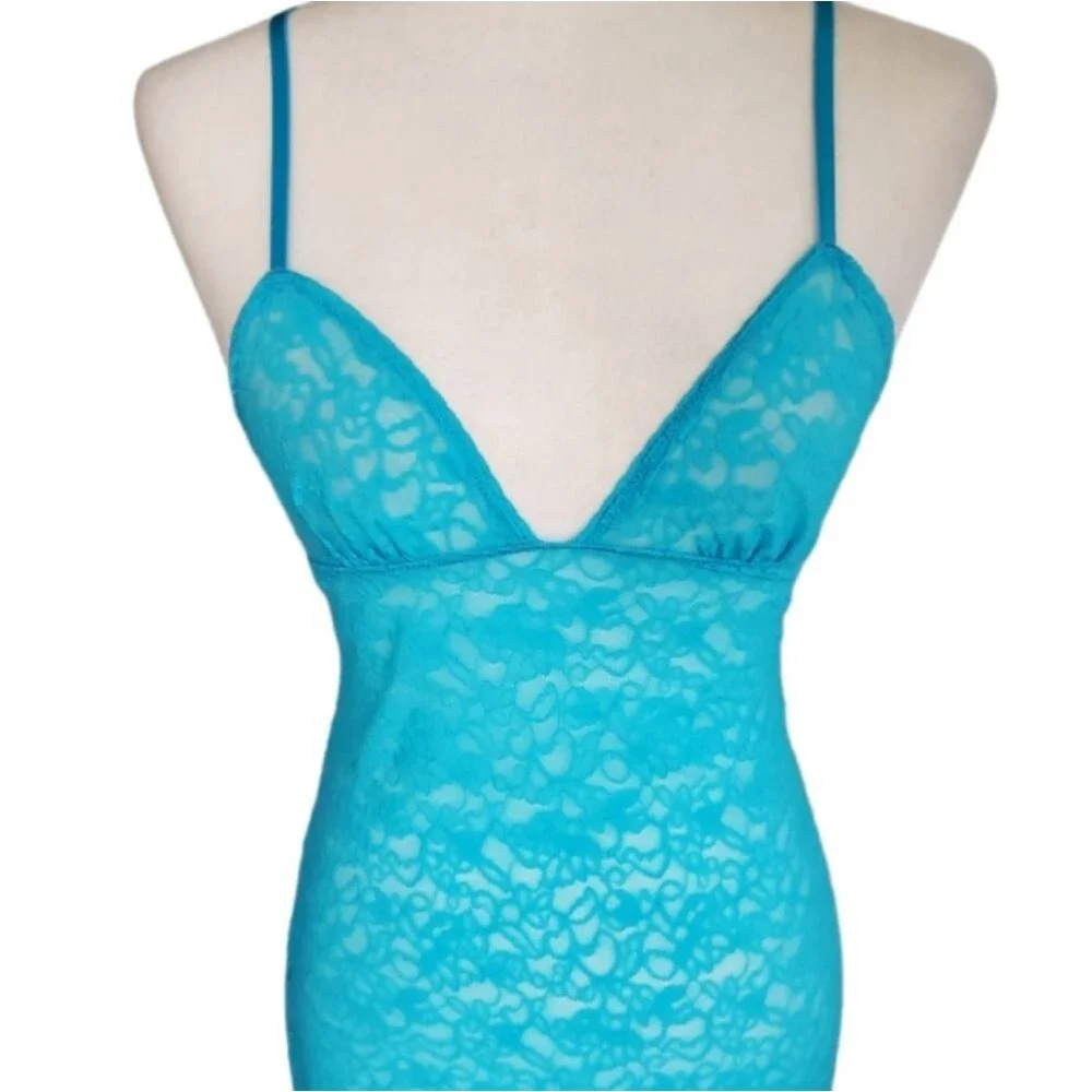 Victoria's Secret Lace Stretchy Mesh Aqua Teal Ocean Blue Slip Dress Small